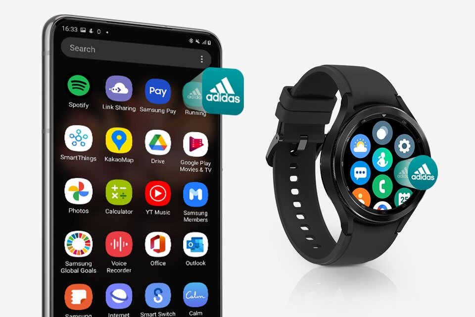 Smartwatch Samsung Galaxy Watch4 Classic R880 SM-R880NZSAEUE widok na smartwatch w kolorze czarnym pod skosem w prawo obok smartfonu