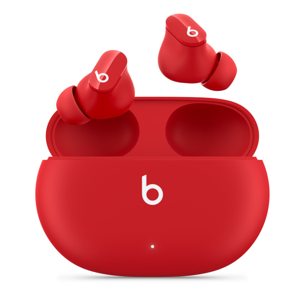 Słuchawki Beats Studio Buds czerwone, grafika przedstawia słuchawki oraz otwarte etuii na białym tle