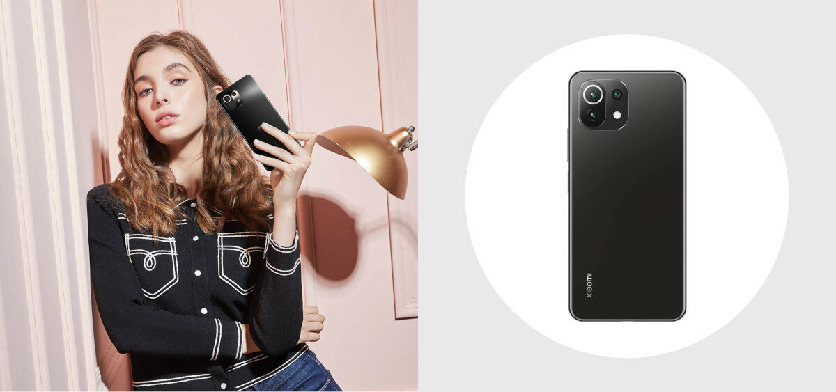 Smartfon Xiaomi Mi 11 Lite 5G 6/128GB kobieta z telefonem, obok telefon tyłem