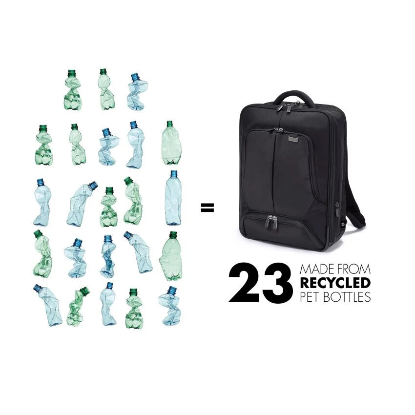 Plecak Dicota Eco Backpack Pro czarny od frontu po skosie w lewo obok butelki plastikowe na dole napis