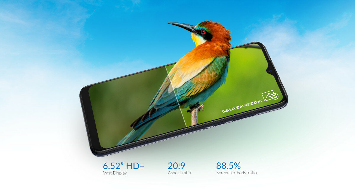 Smartfon Alcatel 1S (2021) widok na front z wystającym z ekranu ptakiem