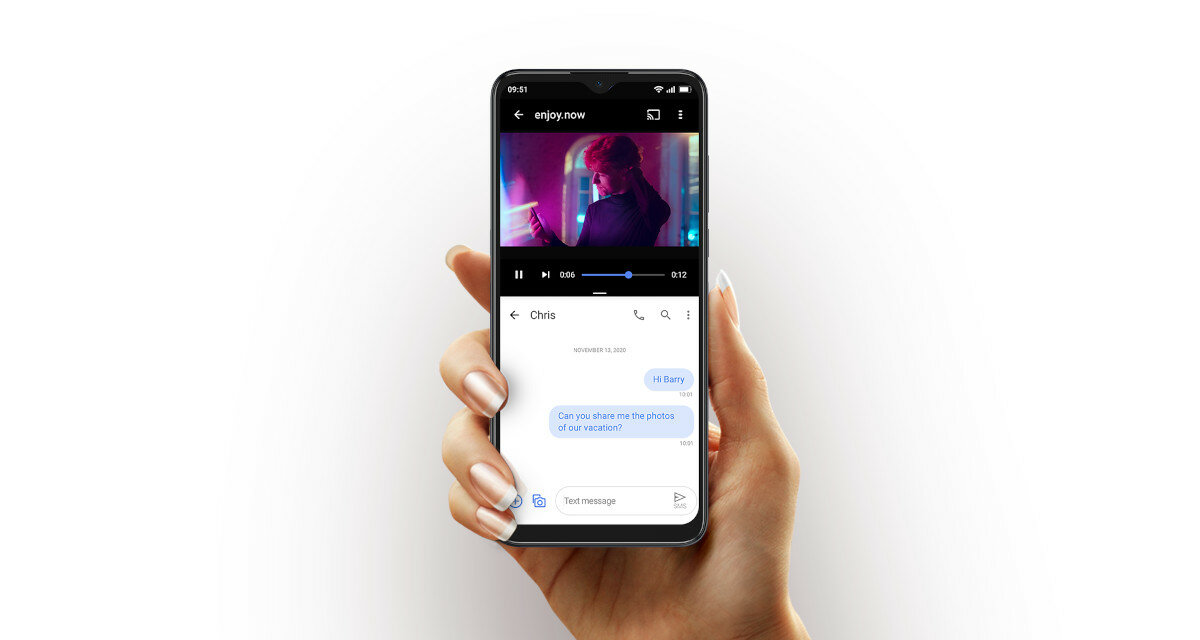 Smartfon Alcatel 1S (2021) widok na front z wyświetlaną funkcją podzielonego ekranu