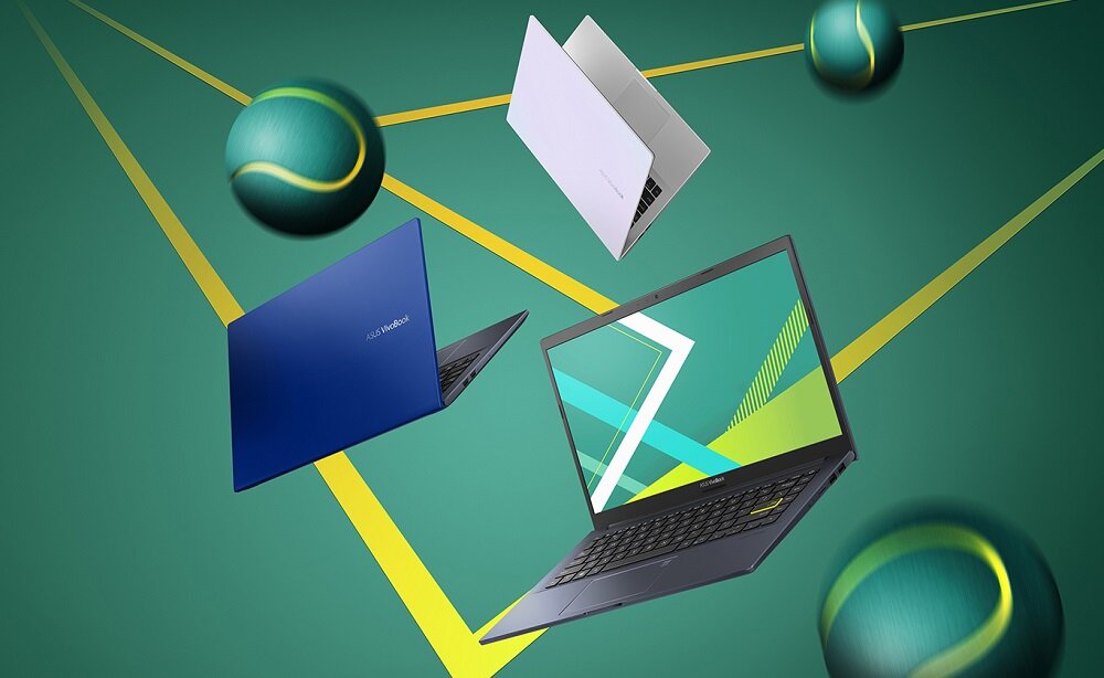 Laptop Asus VivoBook 14 X413 K413EA-EB548 widok na przód laptopa oraz na niebieską i białą pokrywę matrycy pod skosem