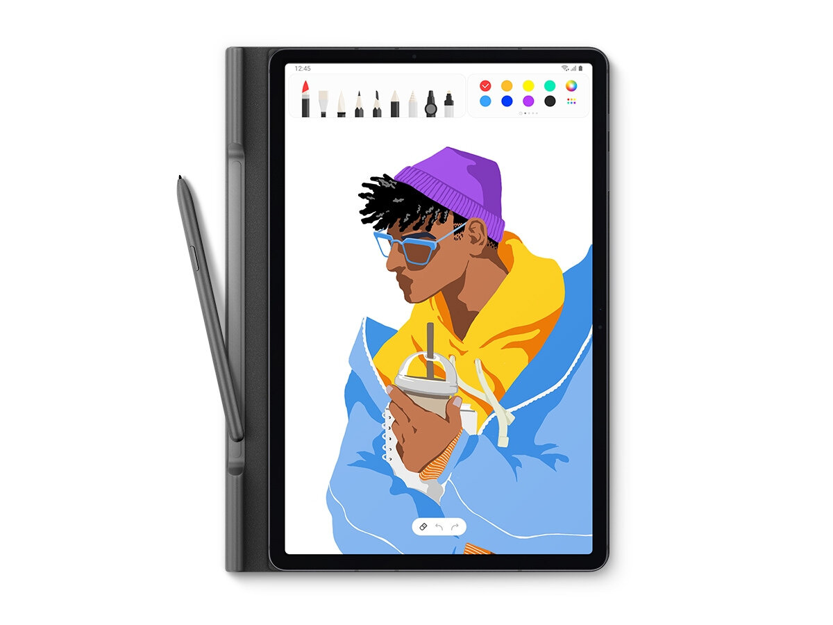 Etui Samsung Book Cover Black widok na front z tabletem i piórem