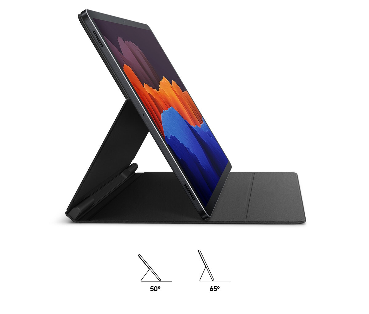 Etui Samsung Book Cover EF-BT730PNEGEU widok na bok ze stojącym tabletem i kątami