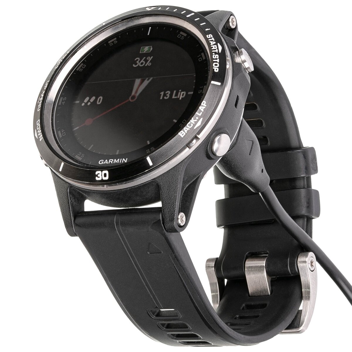 Kabel do ładowania Akyga AK-SW-17 do smartwatchy Garmin zbliżenie na ładujący się smartwatch Garmin