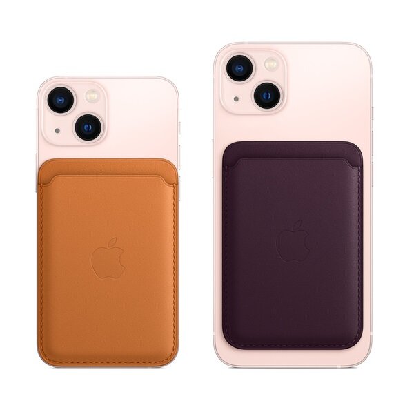 Etui Apple Leather Wallet MM0Q3ZM/A widok na etui w dwóch odcieniach przyczepione z tyłu dwóch telefonów