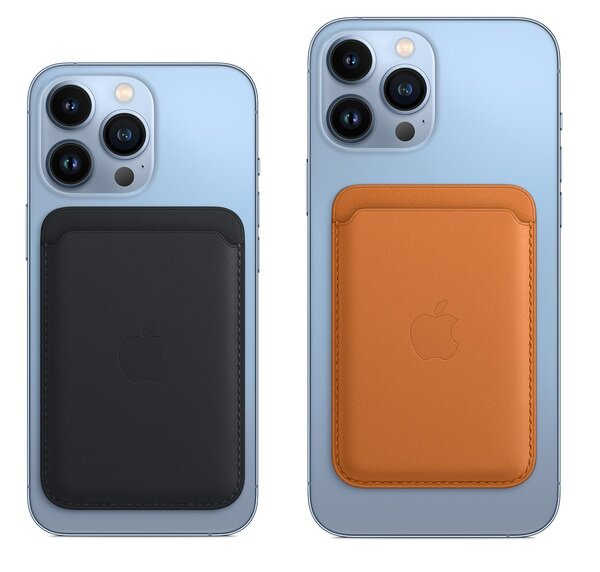 Etui Apple Leather Wallet MM0T3ZM/A widok na etui w dwóch odcieniach przyczepione z tyłu dwóch telefonów