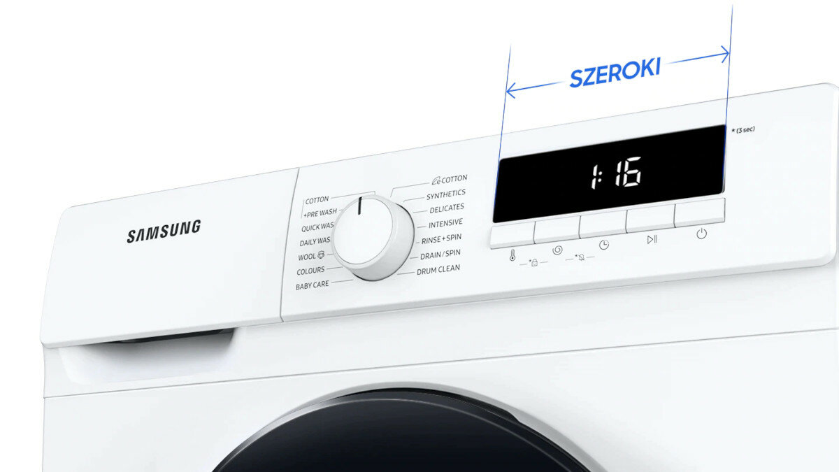 Pralka Samsung WW70T302MWW widok na front pralki, przyciski i ekran