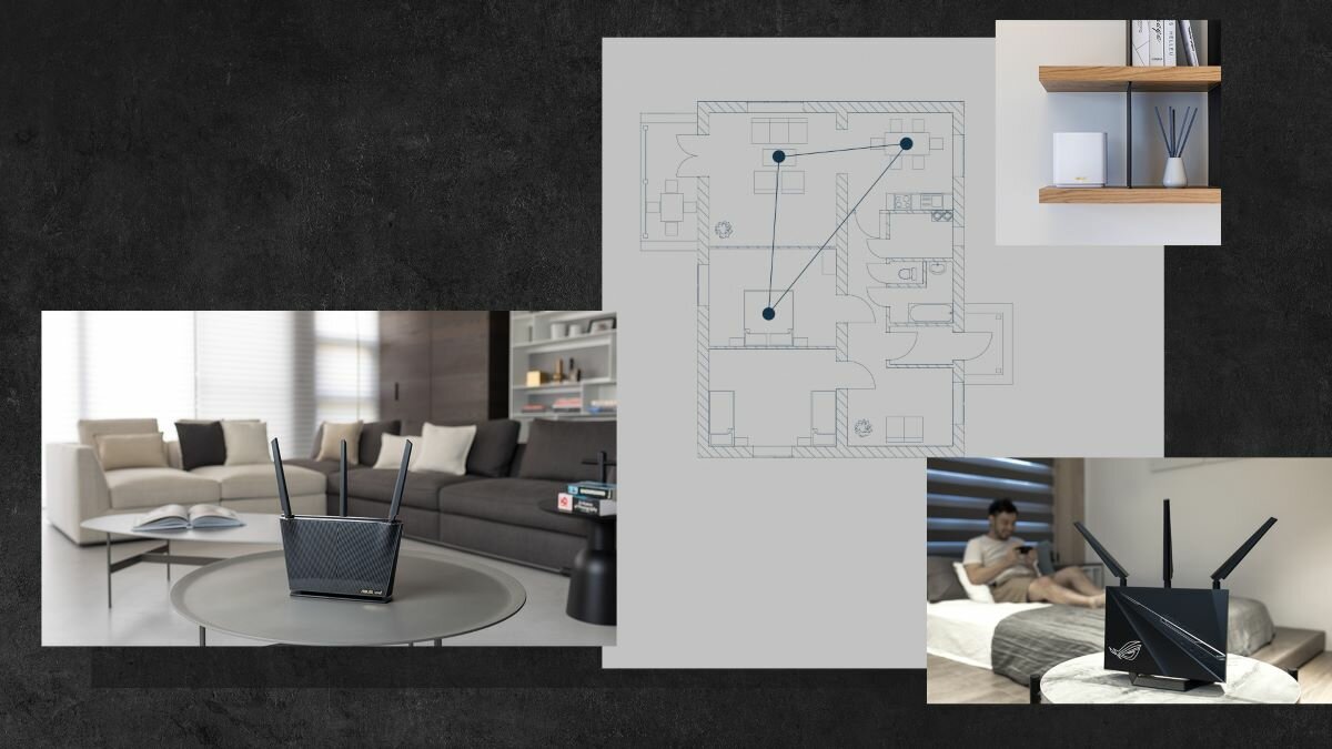Router Asus RT-AX68U kolaż przedstawiający kilka pomieszczeń w domu z których możesz korzystać jednocześnie z routera