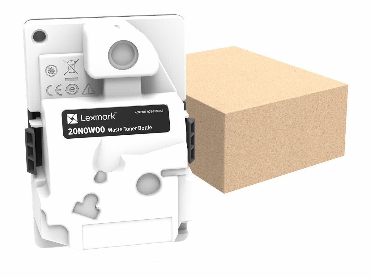 Pojemnik na zużyty środek drukujący Lexmark 20N0W00 180g od frontu obok pudełka