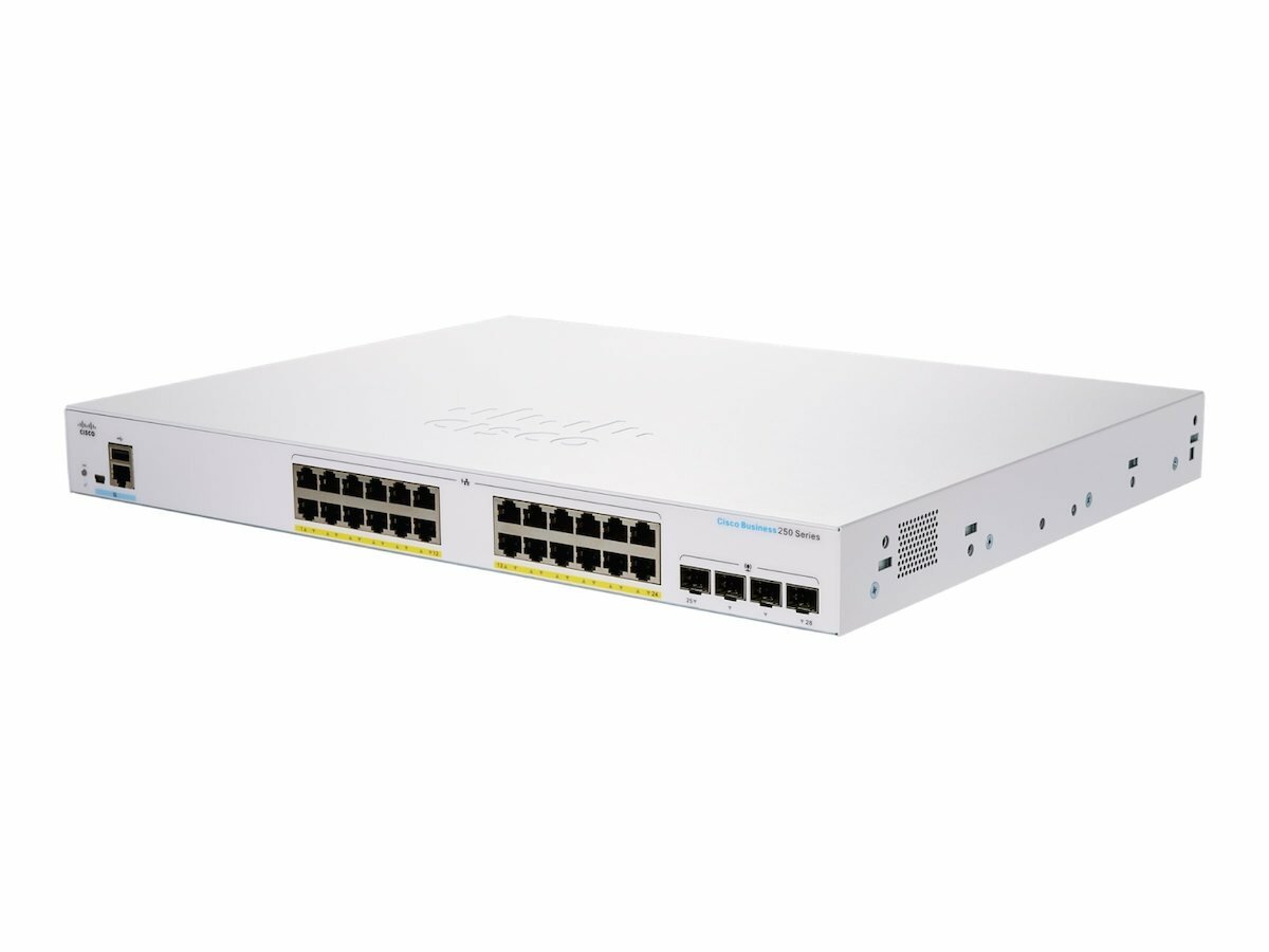 Switch Cisco CBS250-24FP-4G-EU 24-porotwy widoczny pod skosem