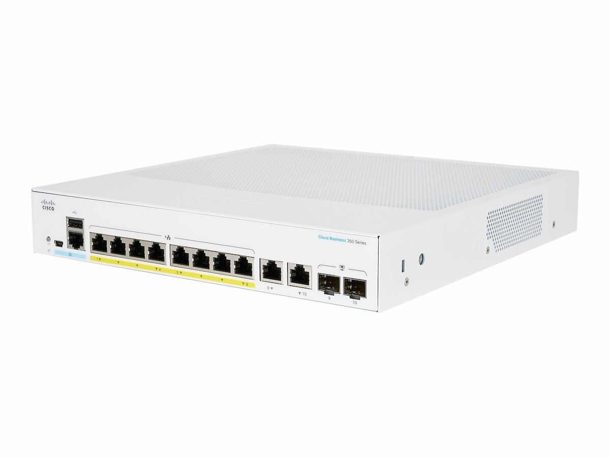 Switch Cisco CBS350-8FP-2G-EU 12-portowy widoczny pod skosem
