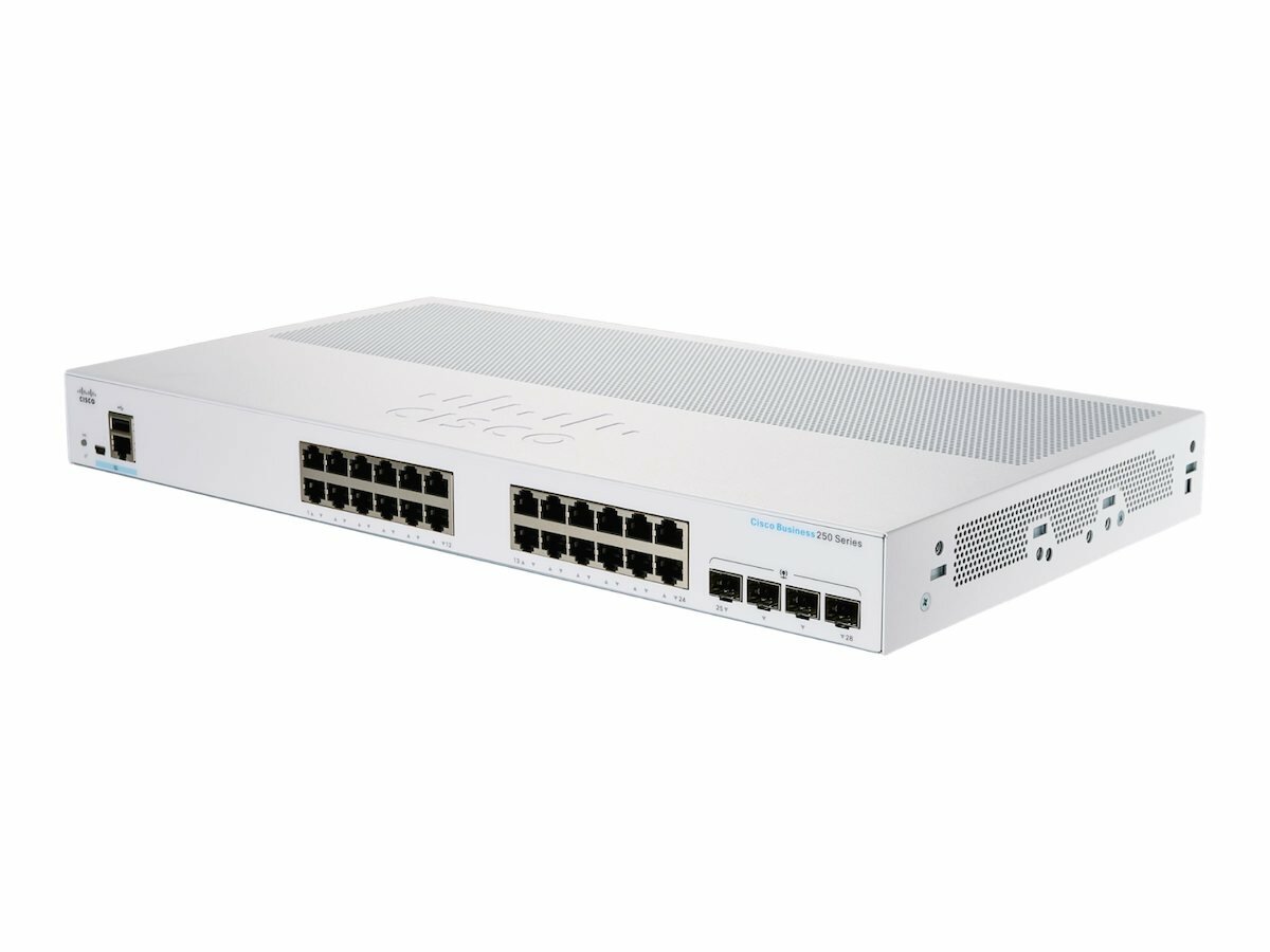 Switch Cisco CBS250-24T-4G-EU 24-porotwy widoczny pod skosem