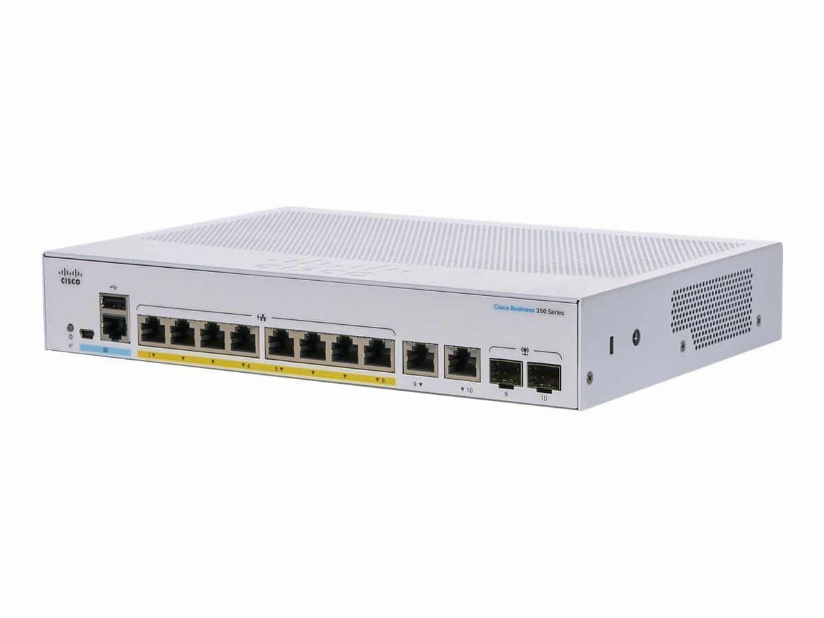 Switch Cisco CBS350-8P-E-2G-EU 10-portowy widoczny pod skosem