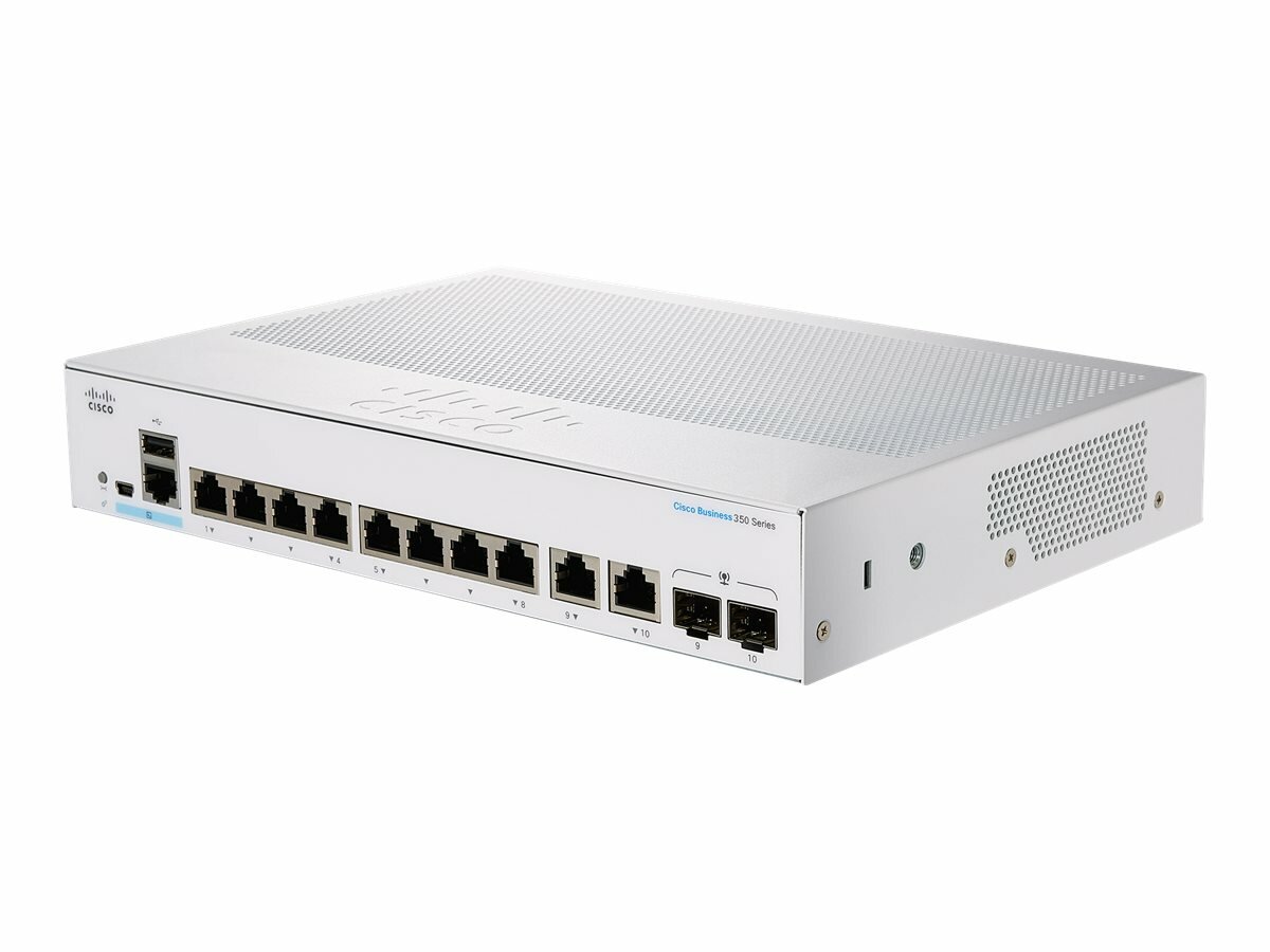 Switch Cisco CBS350-8P-2G-EU 8-portowy widoczny pod skosem