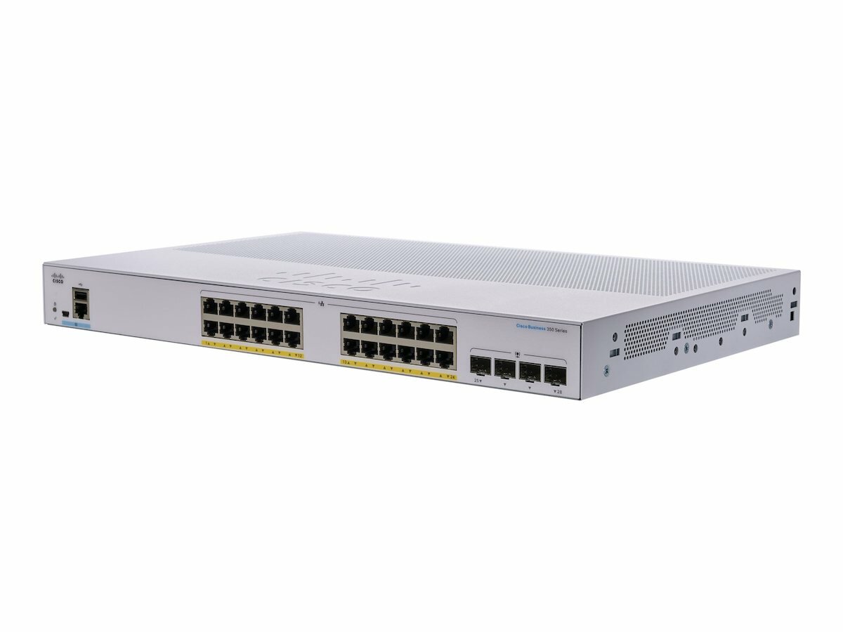 Switch Cisco CBS350-24P-4G-EU
                Gigabit Ethernet widoczny pod skosem