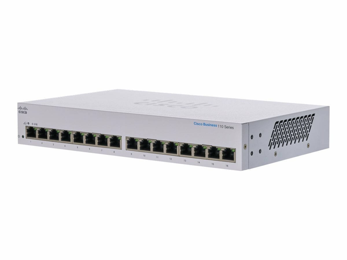 Switch Cisco  CBS110-16T-EU Gigabit Ethernet widoczny pod skosem
                