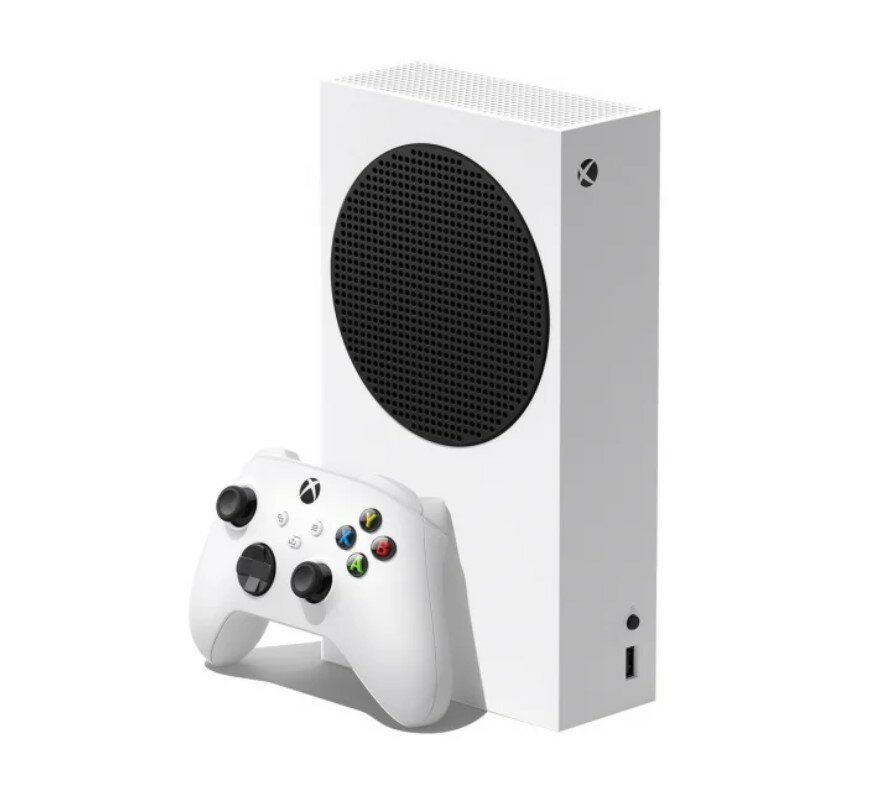 Konsola Microsoft Xbox Series S 512 GB grafika przedstawia konsolę i kontroler pod skosem