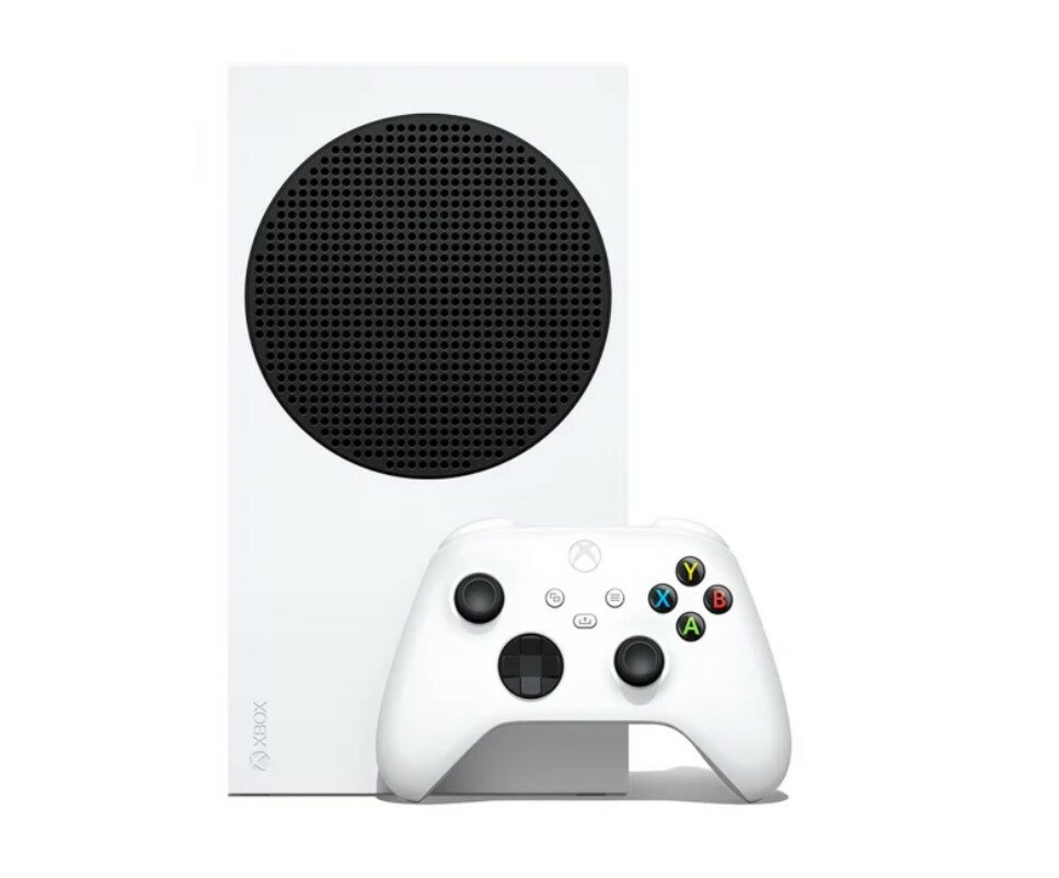 Konsola Microsoft Xbox Series S 512 GB grafika przedstawia konsolę i kontroler od frontu
