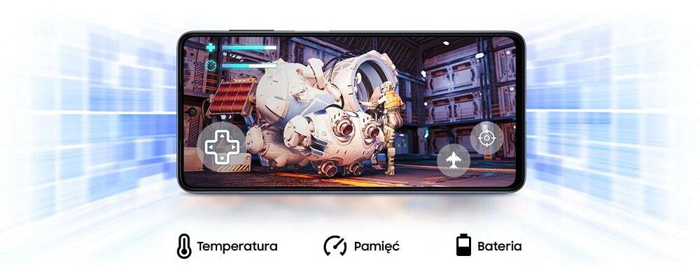 Smartfon Samsung Galaxy M52 5G SM-M526BZKDEUE widok na smartfon od frontu w pozycji poziomej z włączoną grą
