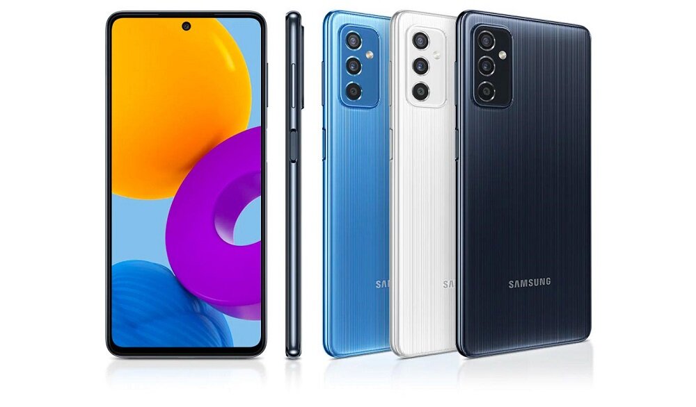 Smartfon Samsung Galaxy M52 5G SM-M526BLBDEUE widok na front, bok oraz plecki smartfona w trzech odcieniach
