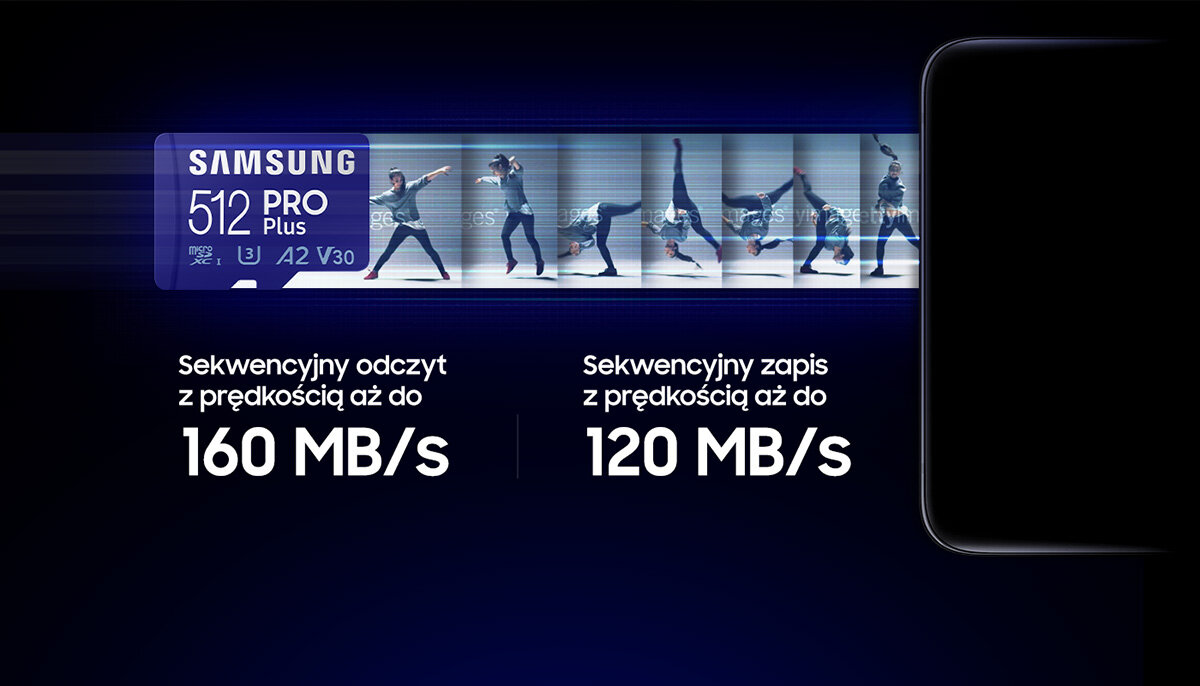 Karta pamięci Samsung EVO PRO PLUS microSD 128GB pokazana szybkość odczytu i zapisu(obraz symulowany)