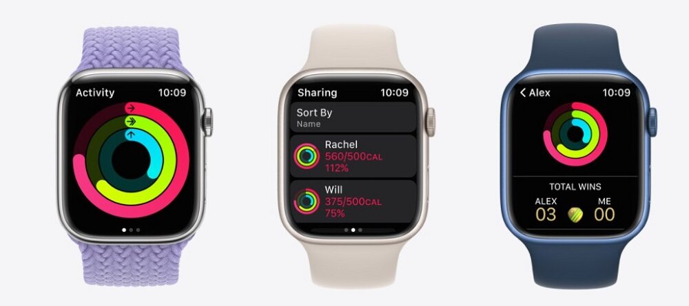Smartwatch Apple Watch Series 7 GPS + Cellular MKHU3WB/A widok na trzy zegarki od frontu obok siebie z opaskami w różnych odcieniach