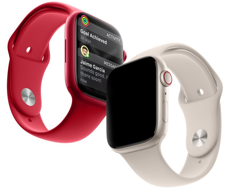 Smartwatch Apple Watch Series 7 GPS + Cellular MKHU3WB/A widok na dwa zegarki pod skosem w różne strony