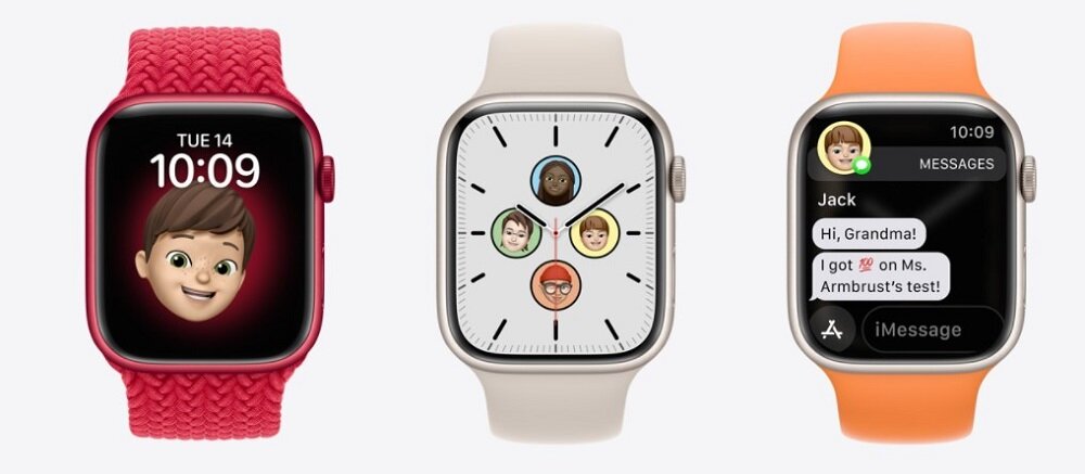 Smartwatch Apple Watch Series 7 GPS + Cellular MKHU3WB/A widok na trzy zegarki od frontu obok siebie