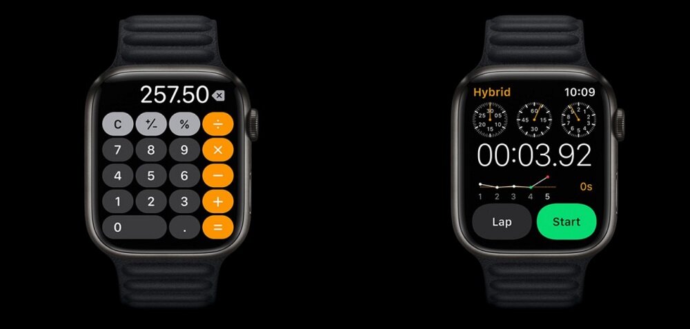 Smartwatch Apple Watch Series 7 GPS + Cellular MKHU3WB/A widok na dwa zegarki od frontu obok siebie