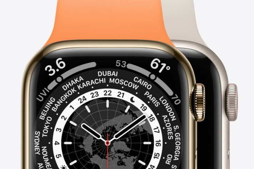 Apple Watch Series 7 GPS + Cellular 41mm Gold Stainless Steel Case with Dark Cherry Sport Band dwa wyjątkowe materiały - stal nierdzewna lub aluminium 