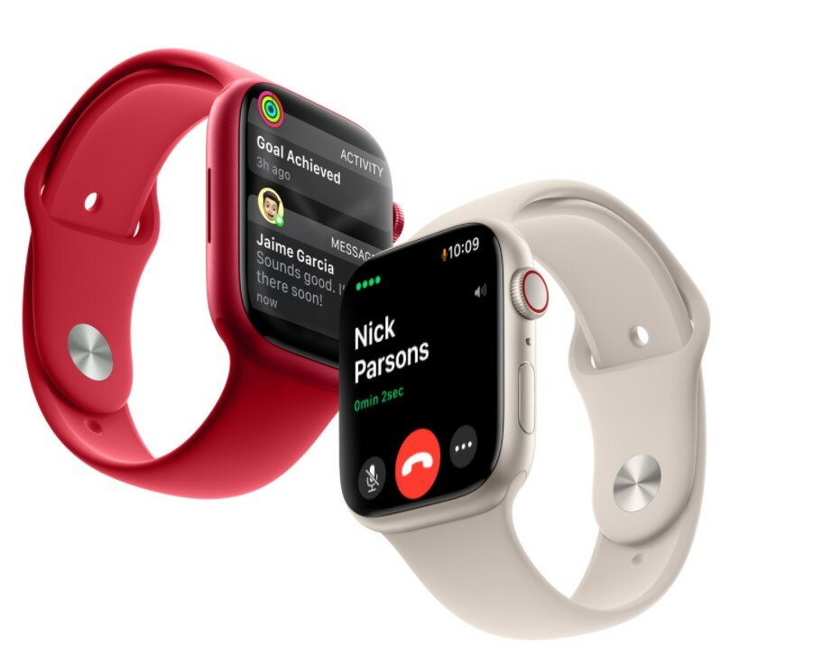 Apple Watch Series 7 GPS + Cellular 41mm Gold Stainless Steel Case with Dark Cherry Sport Band na ekranie pokazane powiadomienia oraz połącznie 