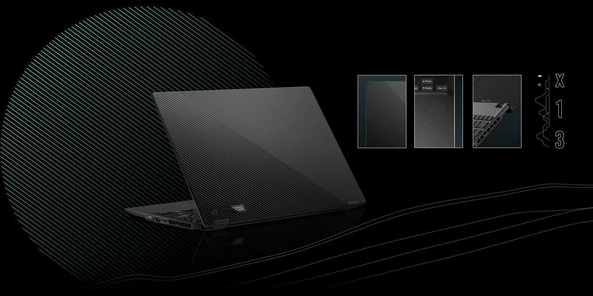 Laptop Asus ROG Flow X13 GV301 GV301QE-K6040T widok na pokrywę laptopa pod skosem w lewo