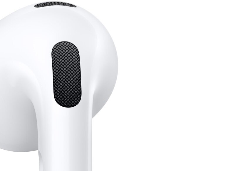 Słuchawki Apple AirPods 3 MME73ZM/A widok na mikrofon słuchawki pokryty siatką akustyczną
