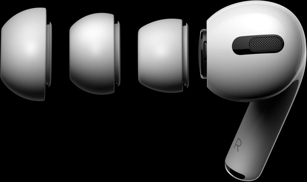 Słuchawki Apple AirPods Pro MLWK3ZM/A widok na słuchawkę i trzy rozmiary nakładek