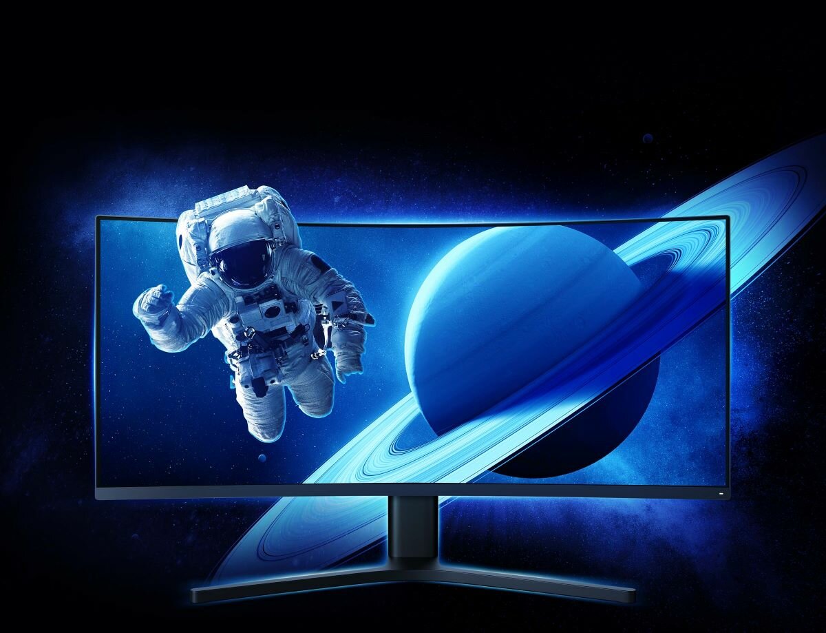 Monitor Xiaomi Mi Curved Gaming kosmos i astronałta wylatujący z ekranu monitora