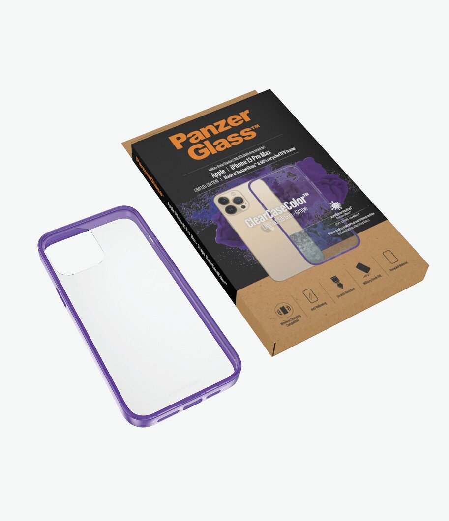 Etui do iPhone 13 Pro Max PanzerGlass ClearCase Fioletowe z przodu z pudełkiem
