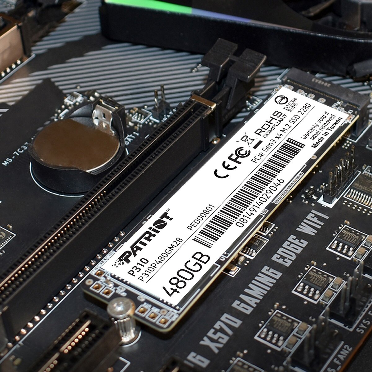 Dysk SSD Patriot P310 480GB M.2 2280 PCI-E x4 Gen3 NVMe widok na zamontowany dysk ssd w płycie głównej