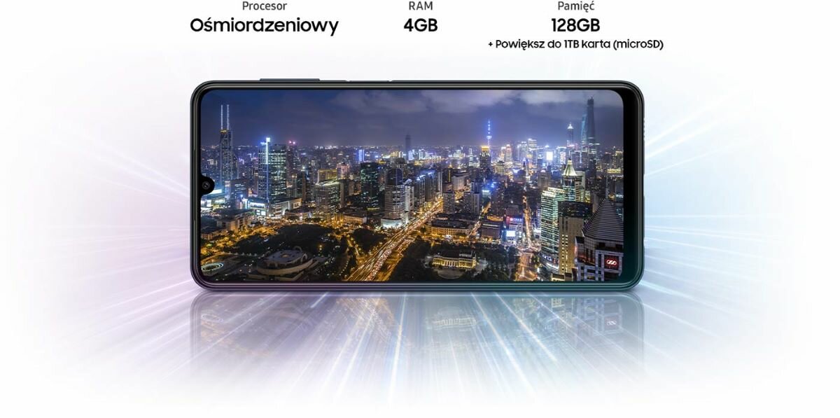 Smartfon Samsung Galaxy M22 SM-M225F smartfon bokiem obraz miasta -  opis ilości rdzeni ram i pamięci