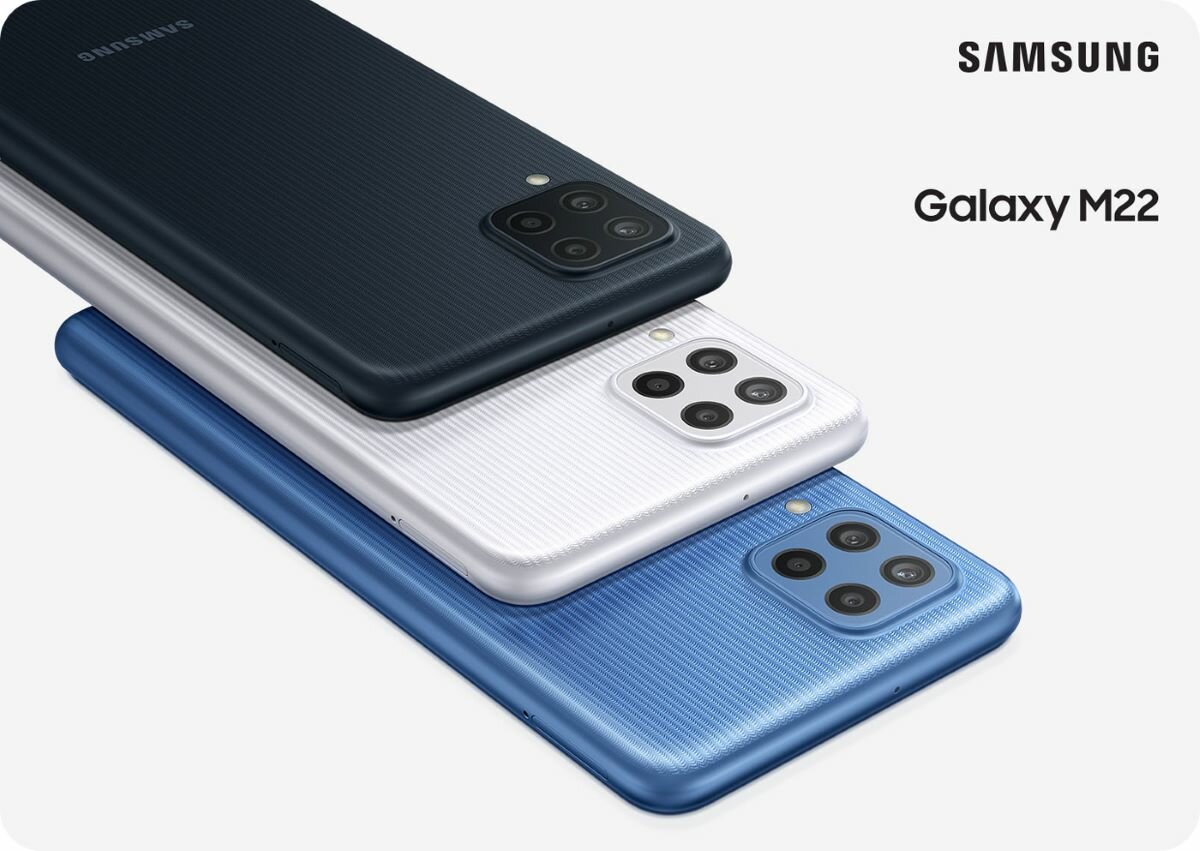 Smartfon Samsung Galaxy M22 SM-M225F trzy smartfony ułożone na sobie aparatem do góry
