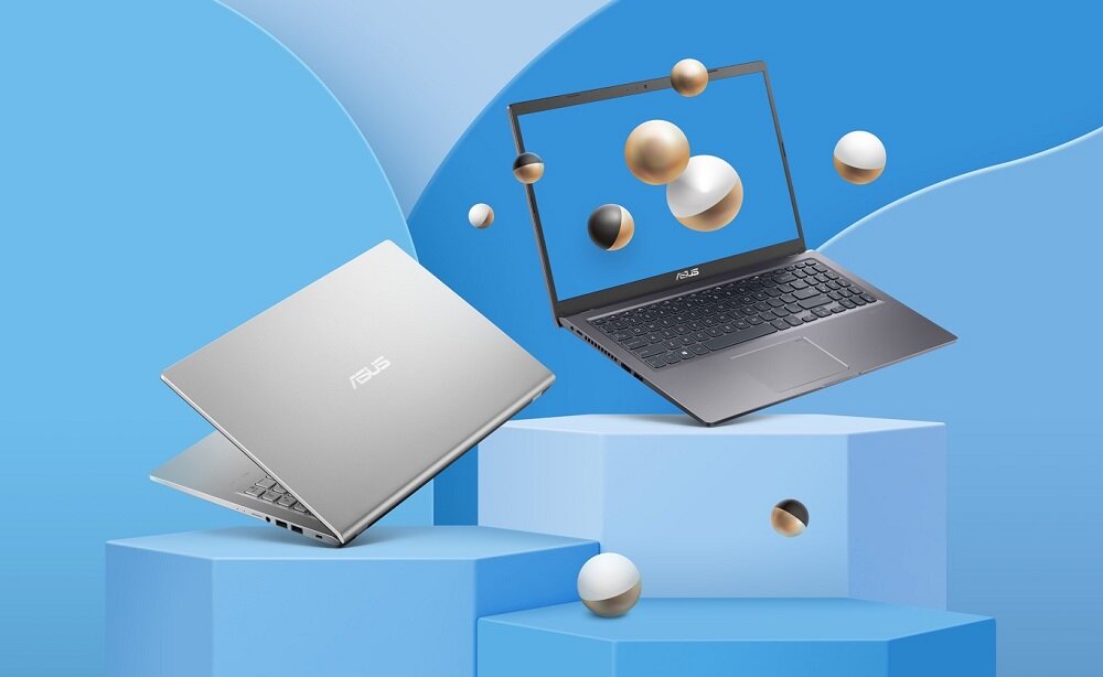Laptop Asus 15 X515 X515JA-BQ2217W widok na przód czarnego laptopa i klapę srebrnego laptopa pod skosem
