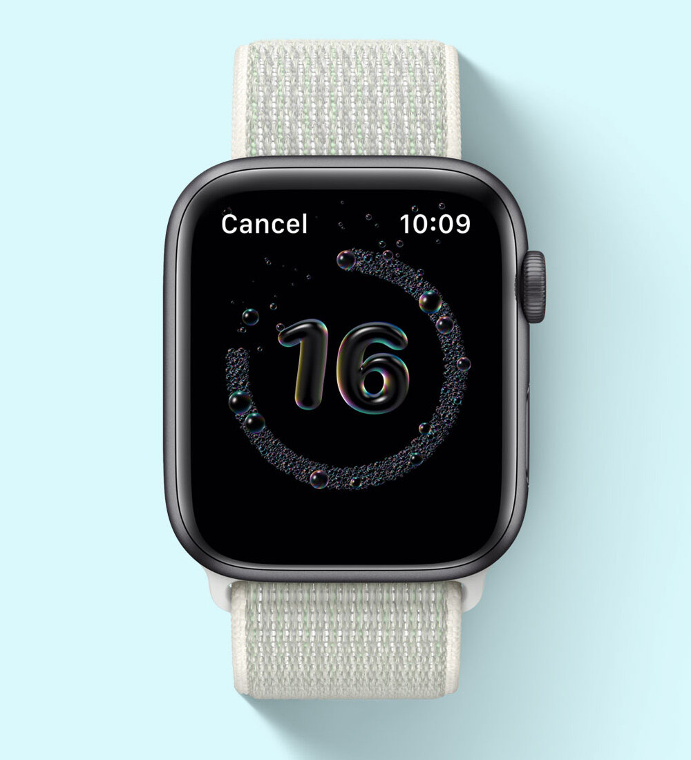 Smartwatch Apple Watch SE 44 GPS-PRO przodem widok na aplikację z myciem rąk