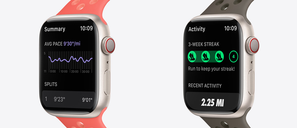 Smartwatch Apple Watch Nike Series 7 45mm GPS+Cellular (północ) na dwóch wyswietlaczach Nike Watch Series 7 jest wyświetlona aplikacja zawierająca dane biegowe