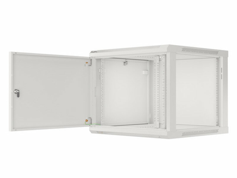 Szafa instalacyjna Landberg WF01-6609-00S 12U 600x600 mm widoczna pod skosem z otwartymi drzwiami