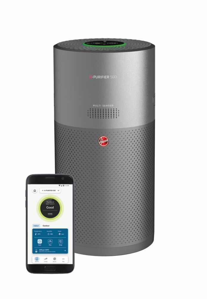 Oczyszczacz powietrza Hoover HHP55CA011 H-PURIFIER 500 obok telefonu z wyświetloną dedykowaną aplikacją