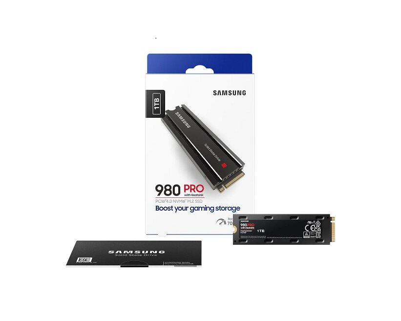 Dysk SSD Samsung 980 PRO Heatsink M.2 1TB z tyłu z przodu wraz z pudełkiem