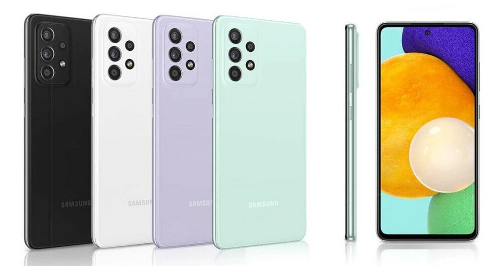Smartfon Samsung Galaxy A52s 5G 6GB/128GB Fioletowy różne kolory przedstawione tyłem