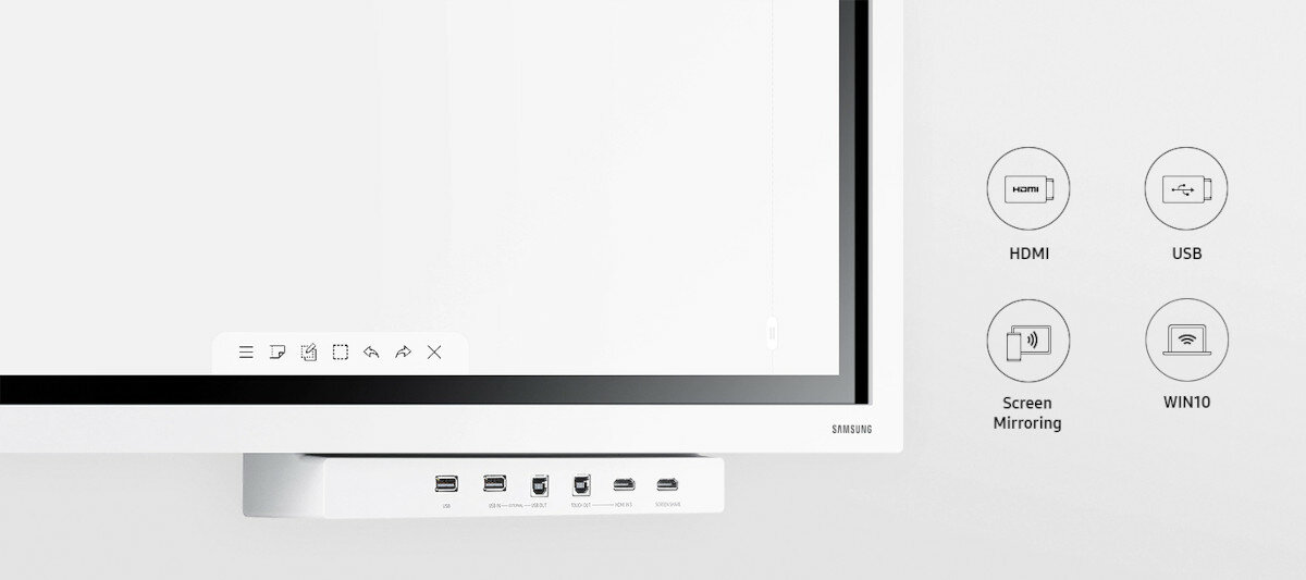 Flipchart Samsung Flip 2 WM55R biały pokazany złącza ekranu