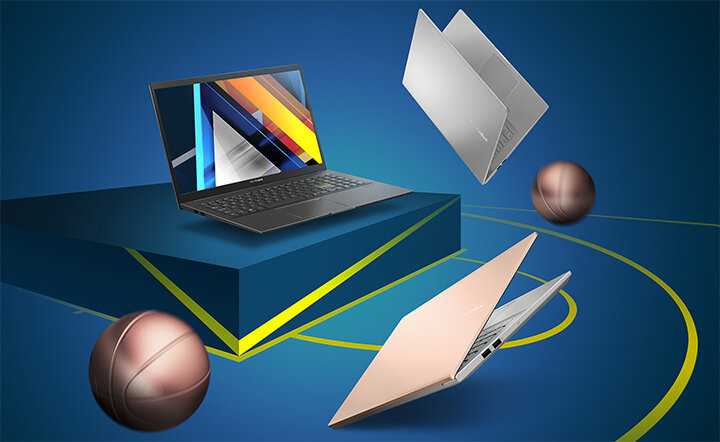 Laptop Asus Vivobook 15 OLED K513 K513EA-L11957W widok na czarnego laptopa pod skosem w prawo oraz srebrnego i różowego laptopa pod skosem w lewo